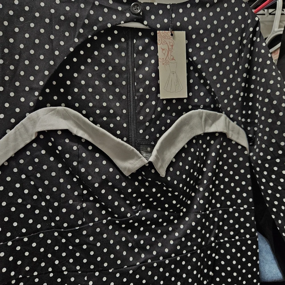 Elever Womens 50s Black Chic Polka Dot 3/4 Sleeve Wear to Work Sheath Dress XL - Picture 6 of 8